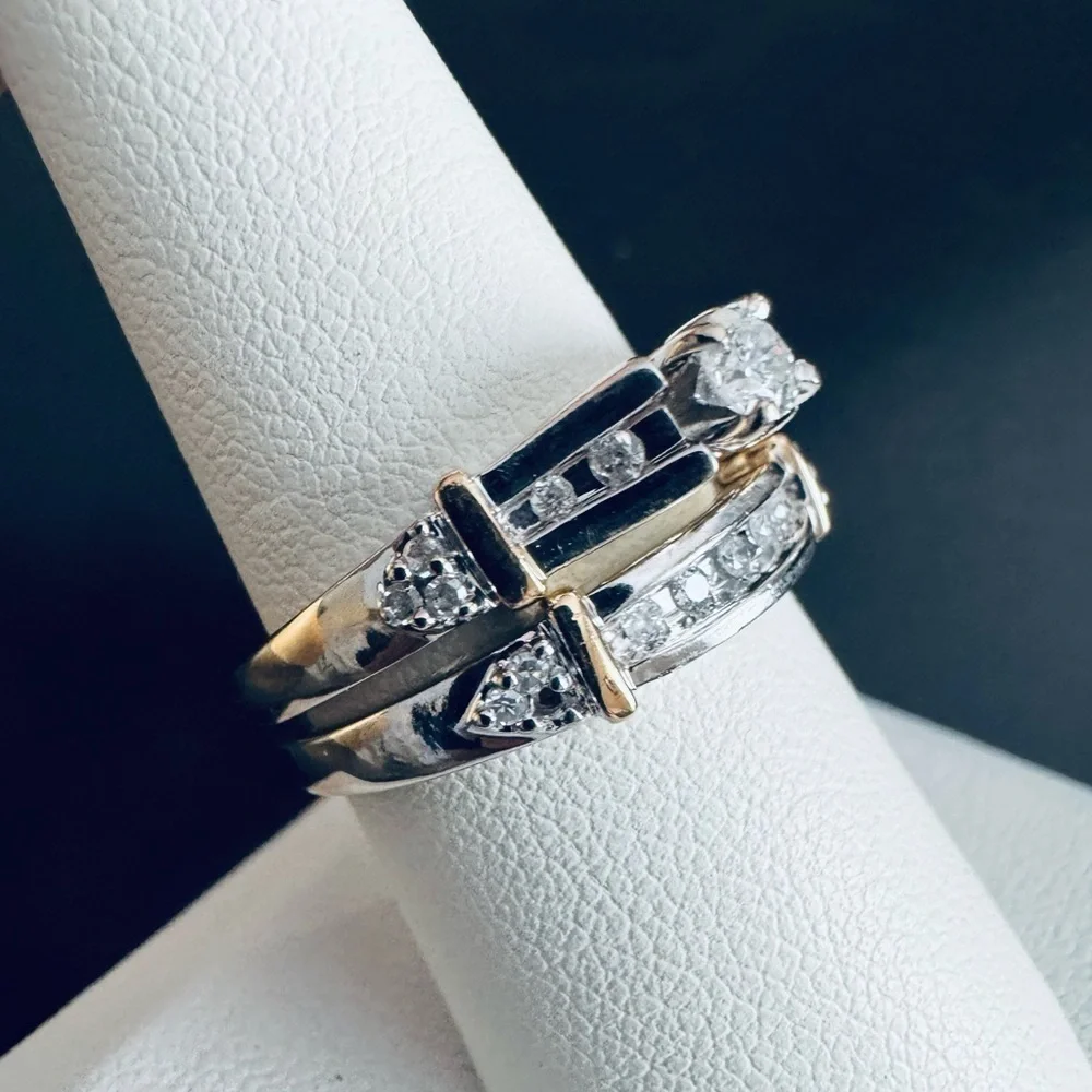 14K White and Yellow Gold Diamond Bridal Ring Set size 8.25